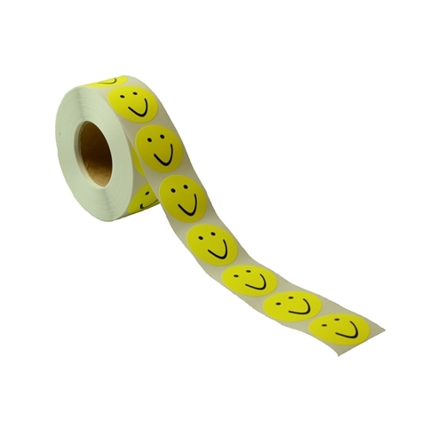 Liten Smiley etikett, Ø19 mm, gul. 1.000 etiketter/rulle