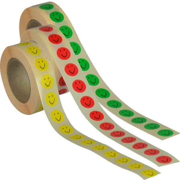 3 x Liten Smiley etiketter, röd, gul och grön, Ø13 mm. 1.000 etiketter av varje