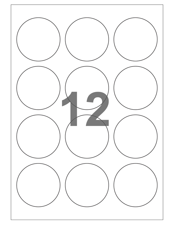 A4-etiketter, 12 stansade etiketter/ark, Ø60,0 mm, transparent, 50 ark