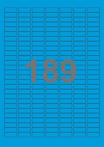 A4-etiketter, 189 stansade etiketter/ark, 25,4 x 10,0 mm, blå, 100 ark