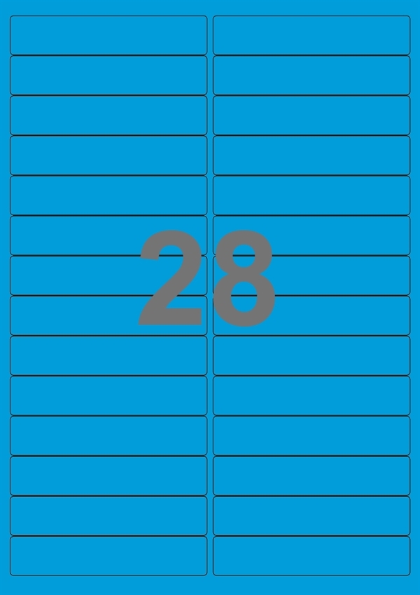 A4-etiketter, 28 stansade etiketter/ark, 99,0 x 20,0 mm, blå, 100 ark