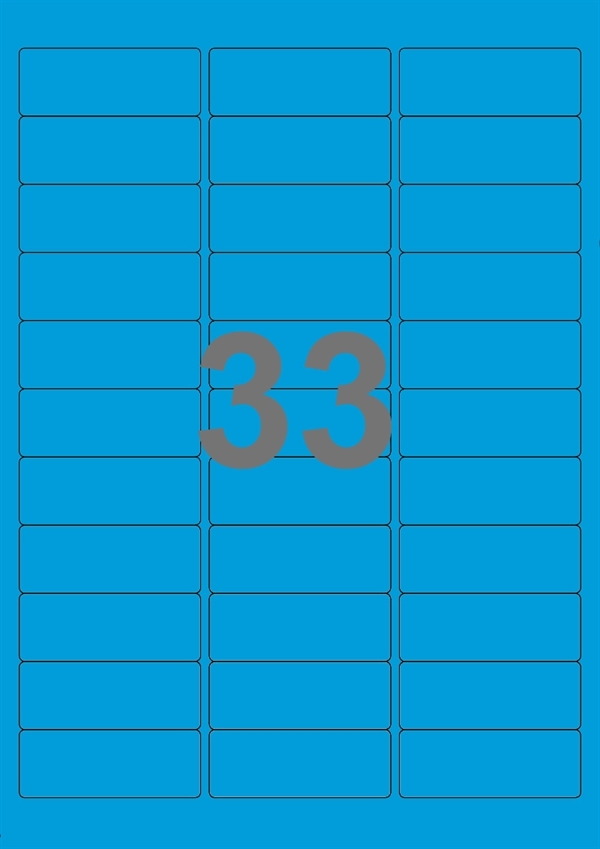 A4-etiketter, 33 stansade etiketter/ark, 64,0 x 24,3 mm, blå, 100 ark