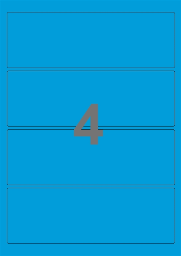 A4-etiketter, 4 stansade etiketter/ark, 195,0 x 65,0 mm, blå, 100 ark