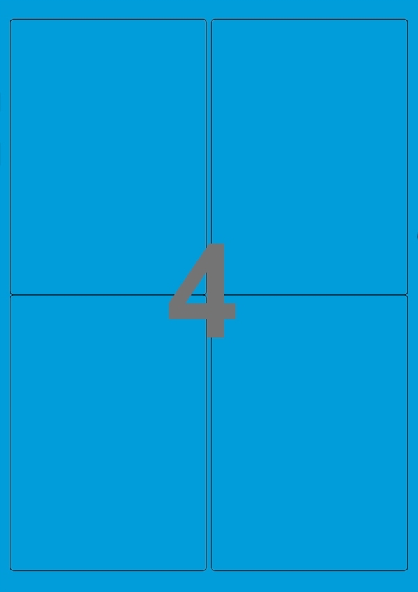 A4-etiketter, 4 stansade etiketter/ark, 99,1 x 139,0  mm, blå, 100 ark