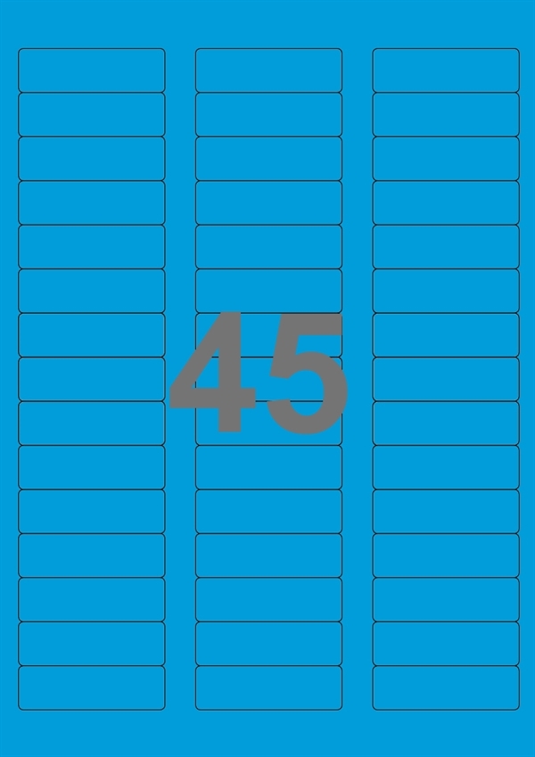 A4-etiketter, 45 stansade etiketter/ark, 58,0 x 17,8 mm, blå, 100 ark