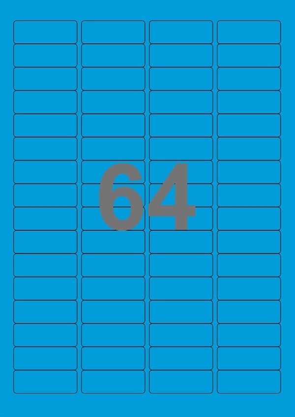 A4-etiketter, 64 stansade etiketter/ark, 45,7 x 16,9 mm, blå, 100 ark
