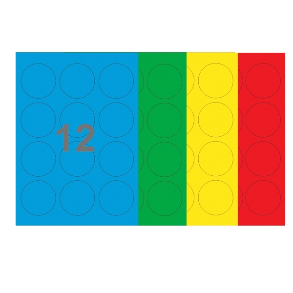 A4-etiketter, 12 stansade etiketter/ark, Ø60,0  mm, (blå, grön, gul eller röd) 100 ark