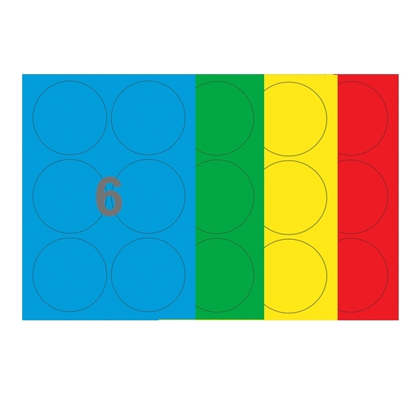 A4-etiketter, 6 stansade etiketter/ark, Ø90  mm, (blå, grön, gul eller röd) 100 ark