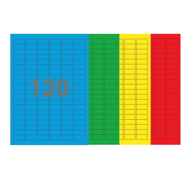 A4-etiketter, 120 stansade etiketter/ark, 30,0 x 14,0 mm, (blå, grön, gul eller röd) 100 ark