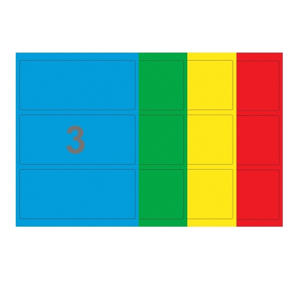 A4-etiketter, 3 stansade etiketter/ark, 198,0 x 85,0 mm, (blå, grön, gul eller röd) 100 ark