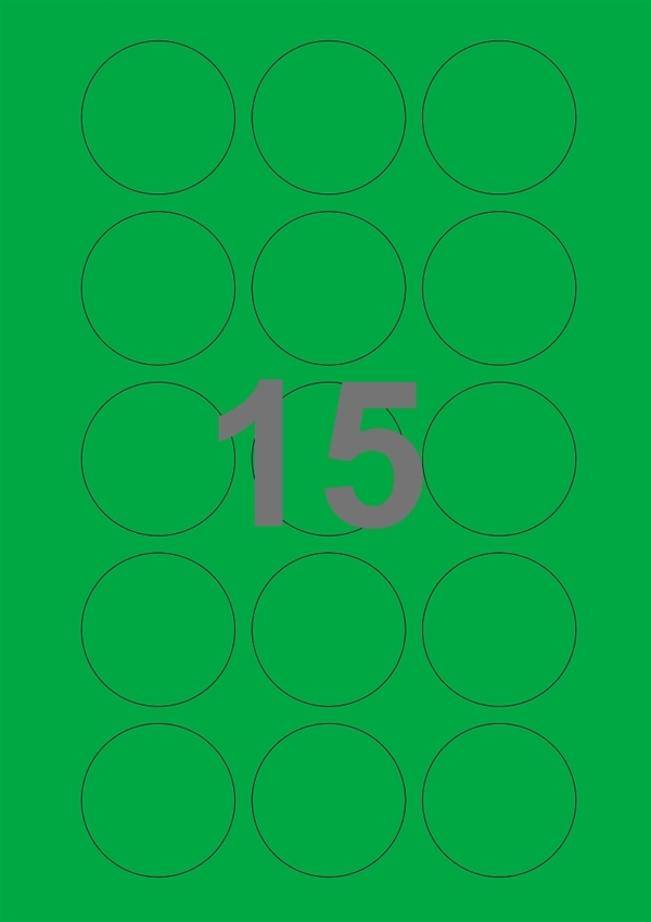 A4-etiketter, 15 stansade etiketter/ark, Ø50 mm, grön, 100 ark
