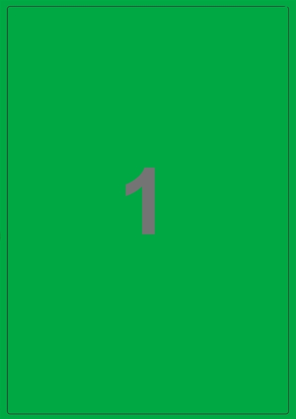 A4-etiketter, 1 stansad etikett/ark, 199,6 x 289,0 mm, grön , 100 ark