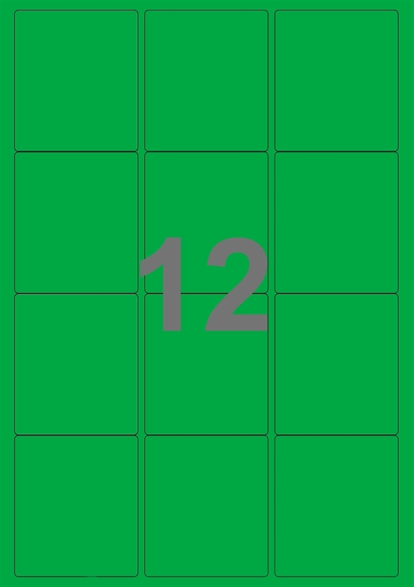 A4-etiketter, 12 stansade etiketter/ark, 63,5 x 72,0  mm, grön, 100 ark