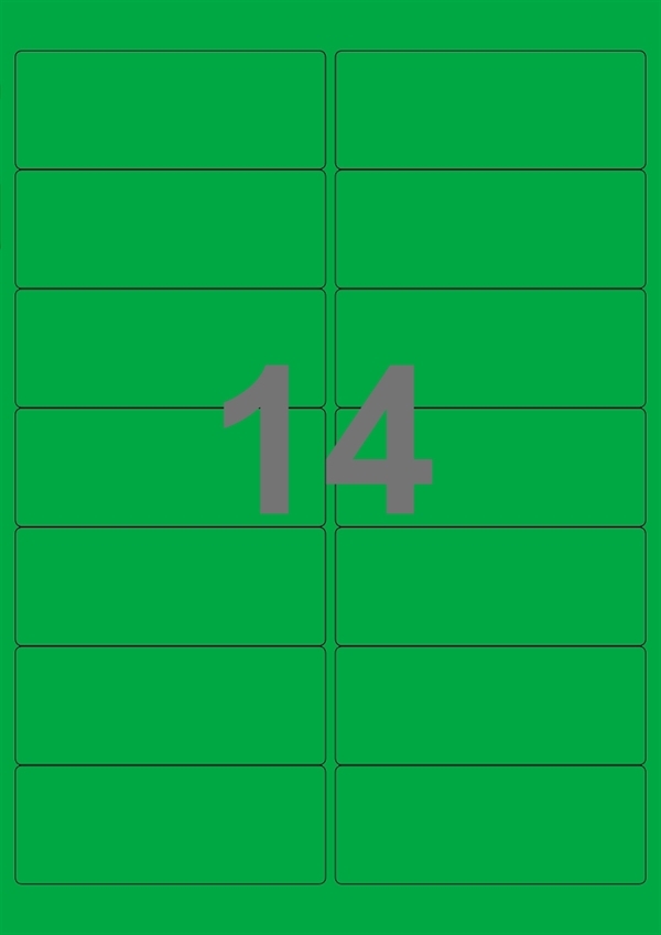 A4-etiketter, 14 stansade etiketter/ark, 99,1 x 38,1 mm, grön, 100 ark
