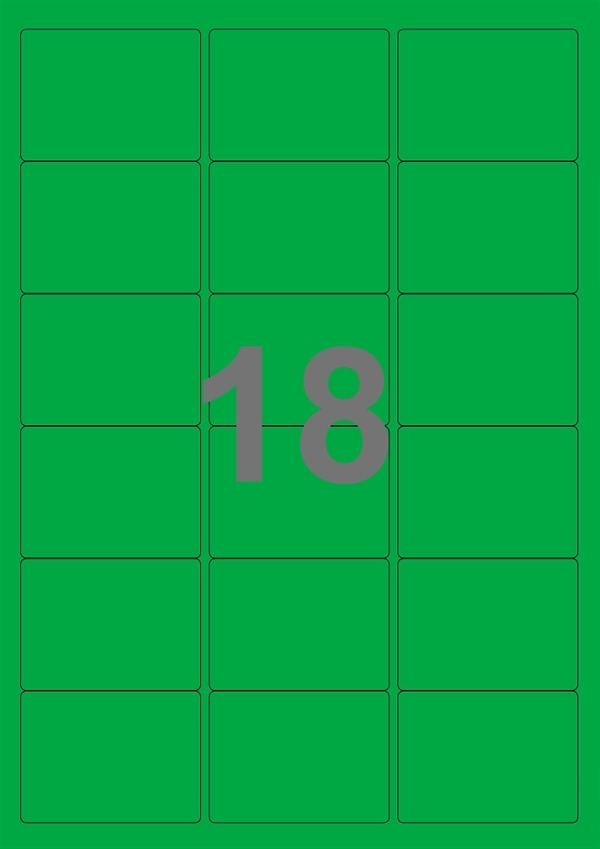 A4-etiketter, 18 stansade etiketter/ark, 63,5 x 46,6 mm, grön, 100 ark
