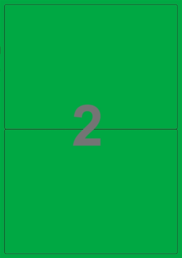 A4-etiketter, 2 stansade etiketter/ark, 199,6 x 143,5 mm, grön , A5, 100 ark