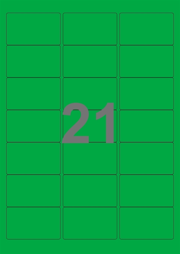 A4-etiketter, 21 stansade etiketter/ark, 63,5 x 38,1 mm, grön, 100 ark
