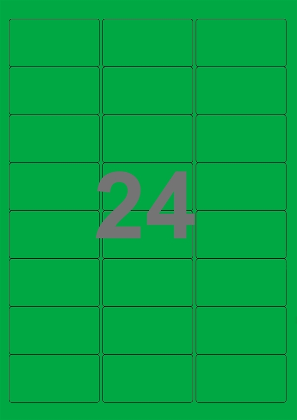A4-etiketter, 24 stansade etiketter/ark, 64,0 x 33,9 mm, grön, 100 ark