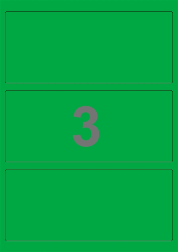 A4-etiketter, 3 stansade etiketter/ark, 198,0 x 85,0 mm, grön, 100 ark