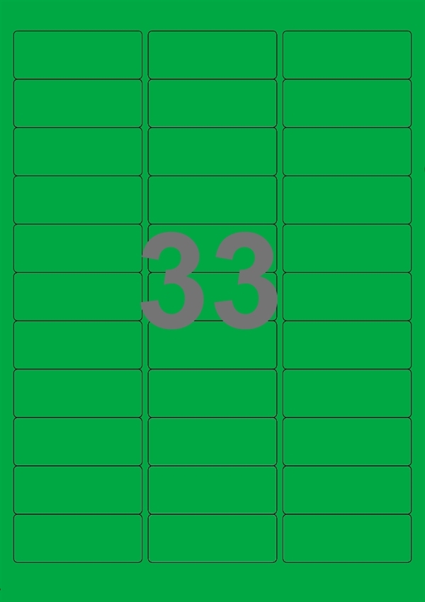 A4-etiketter, 33 stansade etiketter/ark, 64,0 x 24,3 mm, grön, 100 ark