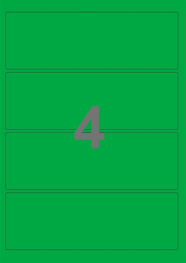 A4-etiketter, 4 stansade etiketter/ark, 195,0 x 65,0 mm, grön, 100 ark