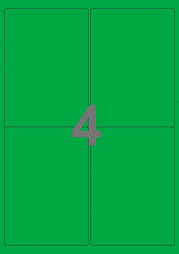 A4-etiketter, 4 stansade etiketter/ark, 99,1 x 139,0  mm, grön, 100 ark
