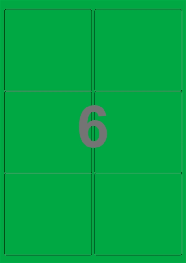 A4-etiketter, 6 stansade etiketter/ark, 99,1 x 93,1  mm,  grön, 100 ark
