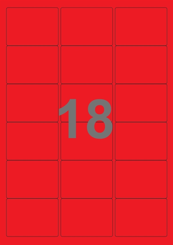A4-etiketter, 18 stansade etiketter/ark, 63,5 x 46,6 mm, röd, 100 ark