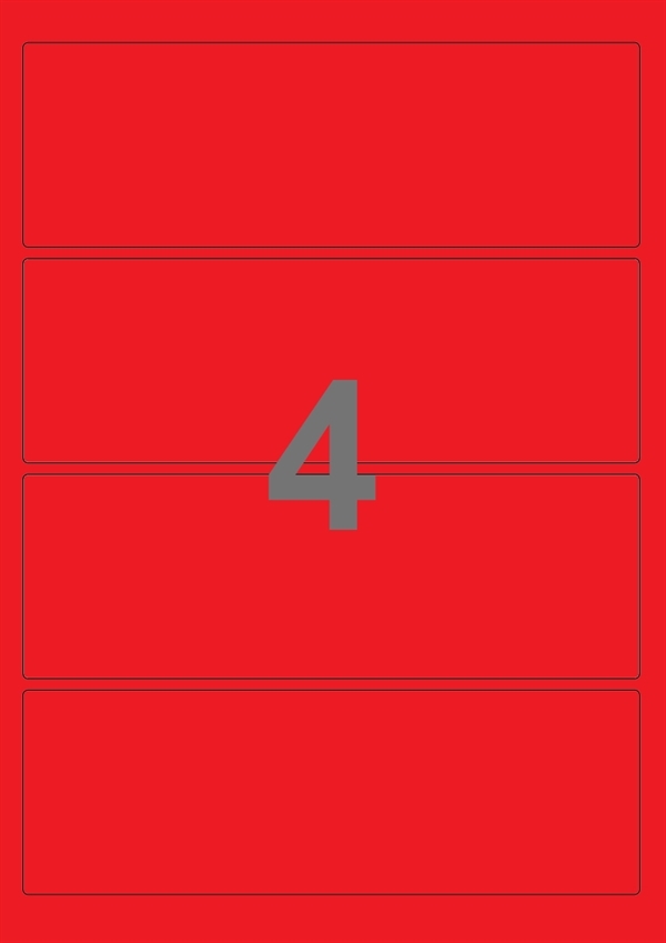 A4-etiketter, 4 stansade etiketter/ark, 195,0 x 65,0 mm,  röd, 100 ark