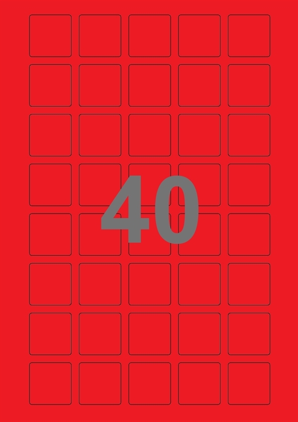 A4-etiketter, 40 stansade etiketter/ark, 30,0 x 30,0 mm, röd, 100 ark