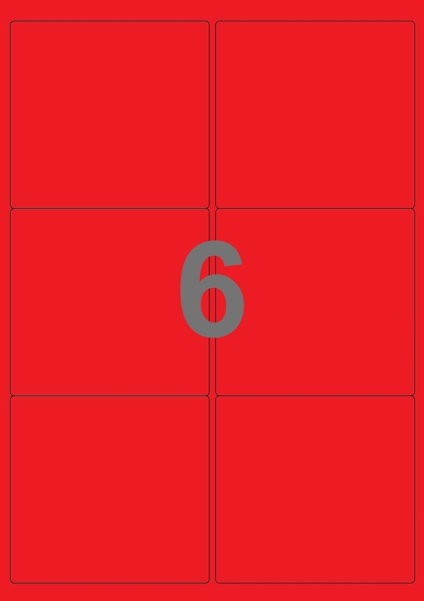 A4-etiketter, 6 stansade etiketter/ark, 99,1 x 93,1  mm, röd, 100 ark