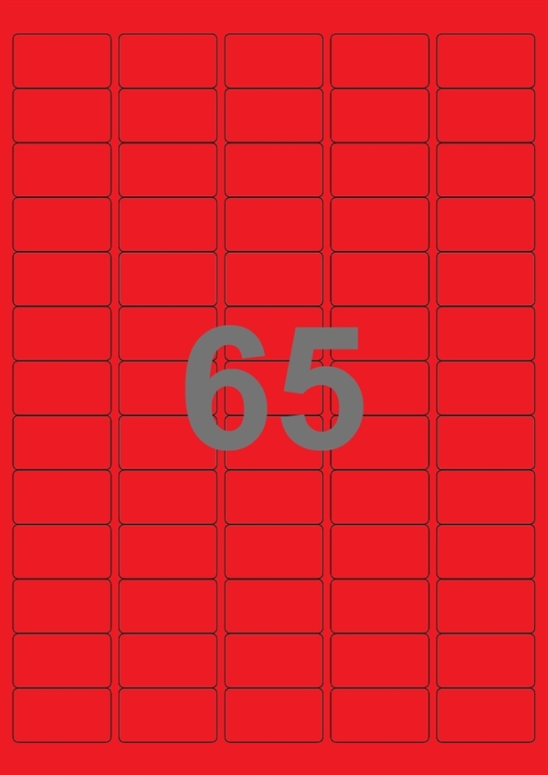 A4-etiketter, 65 stansade etiketter/ark, 38,1 x 21,2 mm, röd, 100 ark