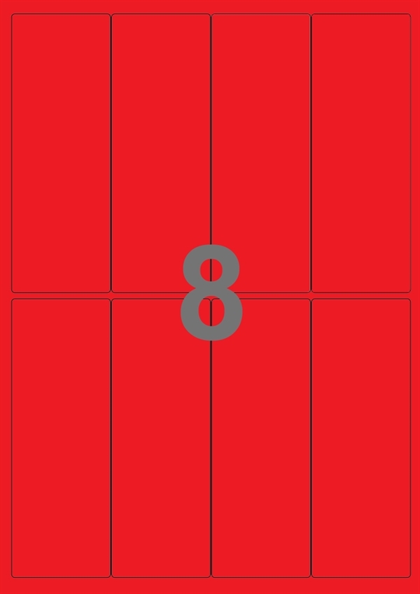 A4-etiketter, 8 stansade etiketter/ark, 50,0 x 140,0  mm, röd, 100 ark