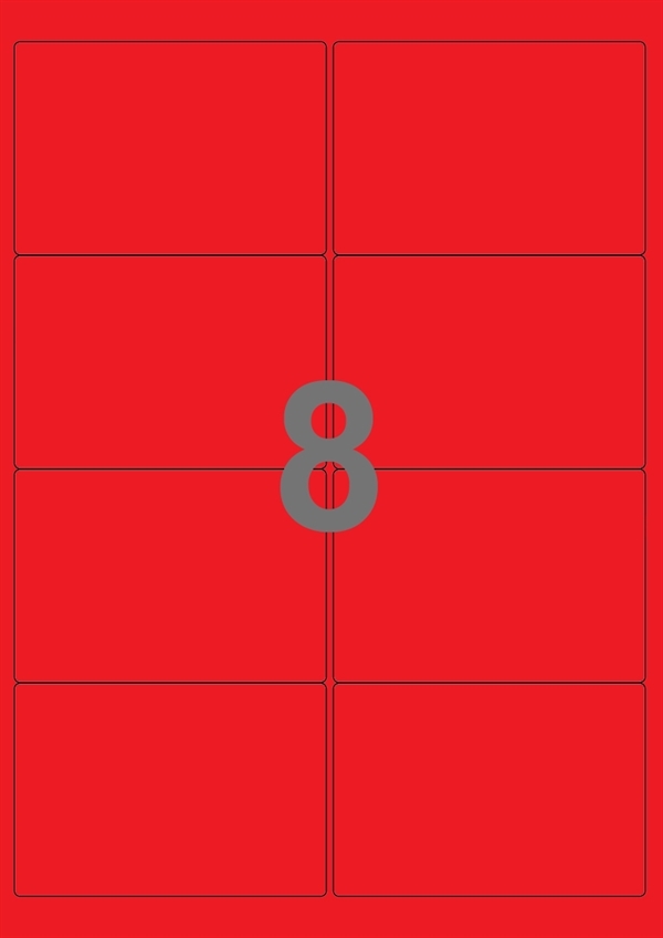 A4-etiketter, 8 stansade etiketter/ark, 99,1 x 67,7  mm, röd, 100 ark