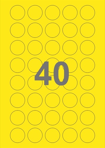 A4-etiketter, 40 stansade etiketter/ark, Ø30 mm, gul, 100 ark