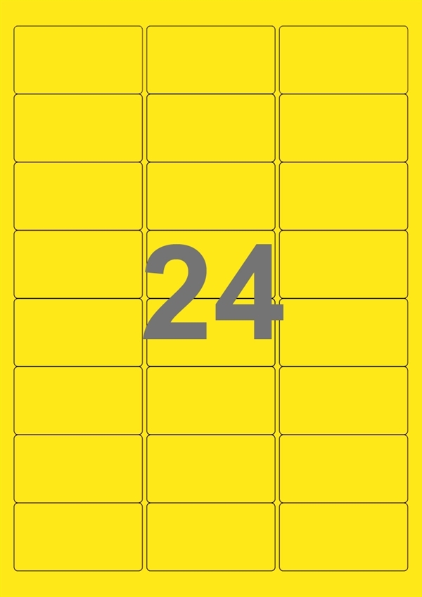 A4-etiketter, 24 stansade etiketter/ark, 64,0 x 33,9 mm, gul, 100 ark
