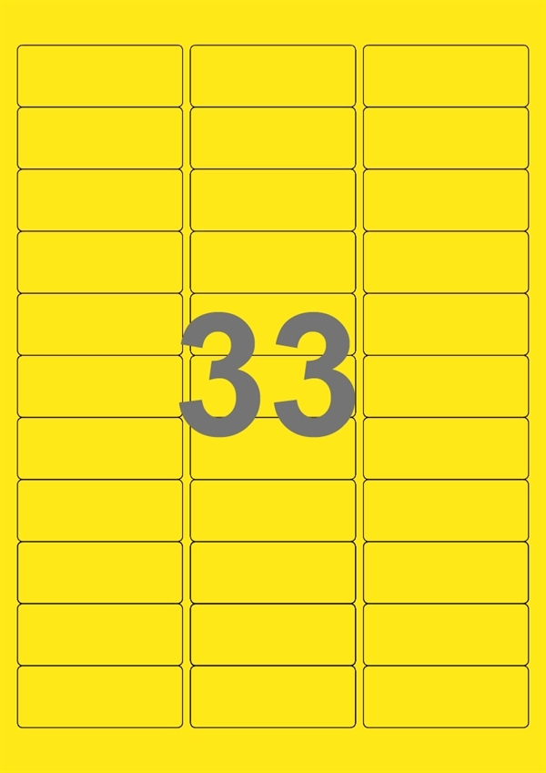 A4-etiketter, 33 stansade etiketter/ark, 64,0 x 24,3 mm, gul, 100 ark