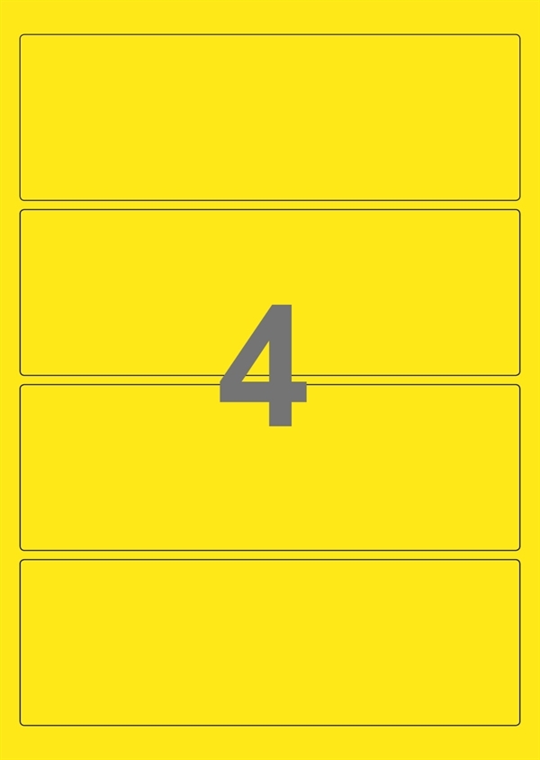 A4-etiketter, 4 stansade etiketter/ark, 195,0 x 65,0 mm, gul, 100 ark
