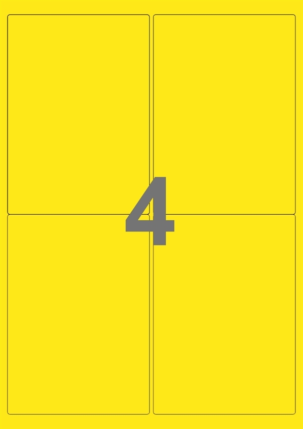 A4-etiketter, 4 stansade etiketter/ark, 99,1 x 139,0  mm, gul, 100 ark