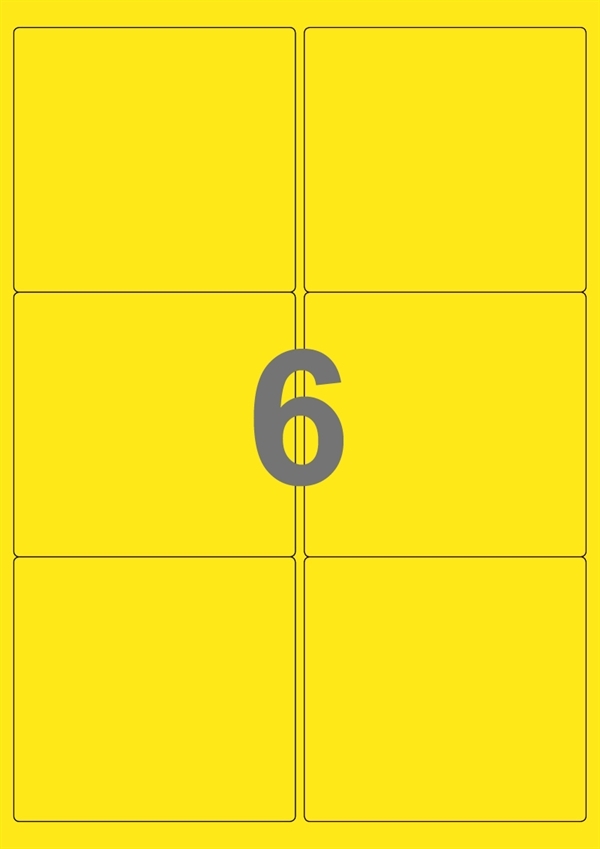 A4-etiketter, 6 stansade etiketter/ark, 99,1 x 93,1  mm, gul, 100 ark