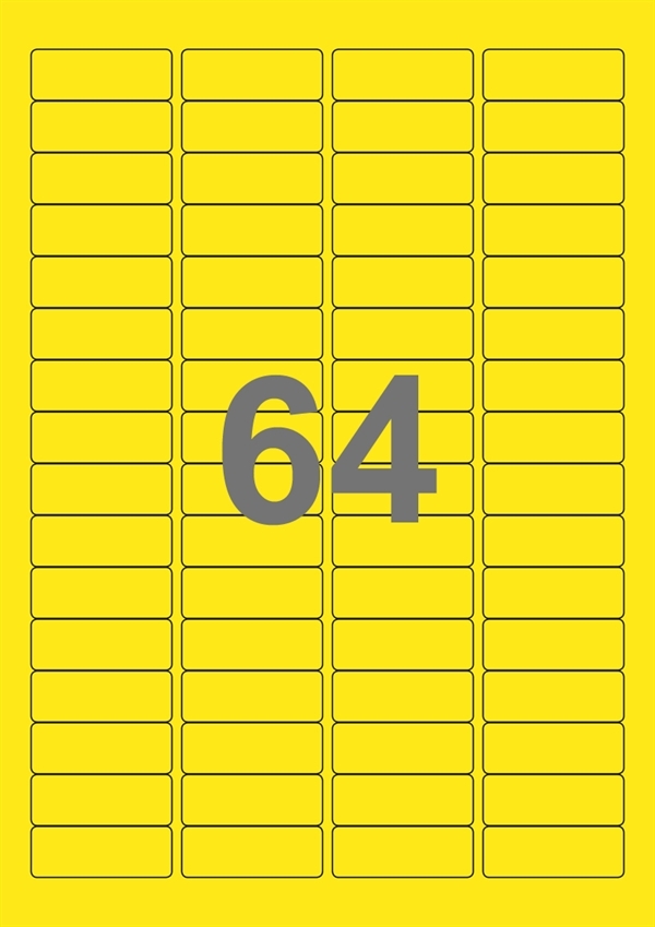 A4-etiketter, 64 stansade etiketter/ark, 45,7 x 16,9 mm, gul, 100 ark