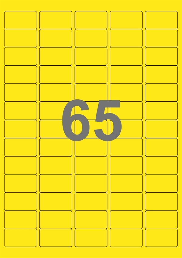 A4-etiketter, 65 stansade etiketter/ark, 38,1 x 21,2 mm, gul, 100 ark