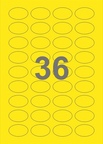 A4-etiketter, ovale, 36 stansade etiketter/ark, 40,0 x 25,0 mm, gul, 100 ark