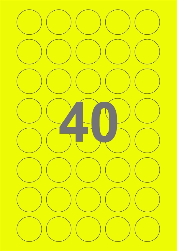 A4-etiketter, 40 stansade etiketter/ark, Ø30 mm, gul neon, 100 ark