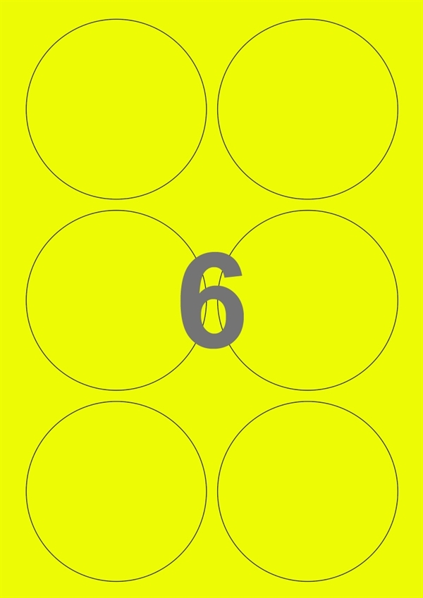A4-etiketter, 6 stansade etiketter/ark, Ø90 mm, gul neon, 100 ark