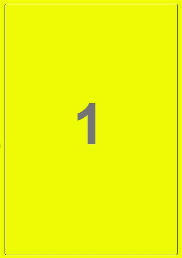 A4-etiketter, 1 stansad etikett/ark, 199,6 x 289,0 mm, gul neon , 100 ark