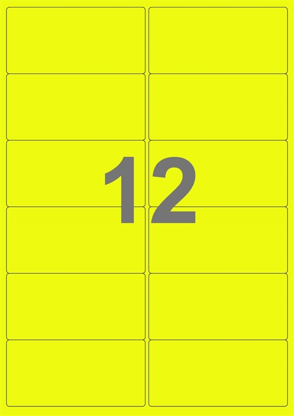 A4-etiketter, 12 - smal, 12 stansade etiketter/ark, 99,1 x 47,4 mm, gul neon, 100 ark