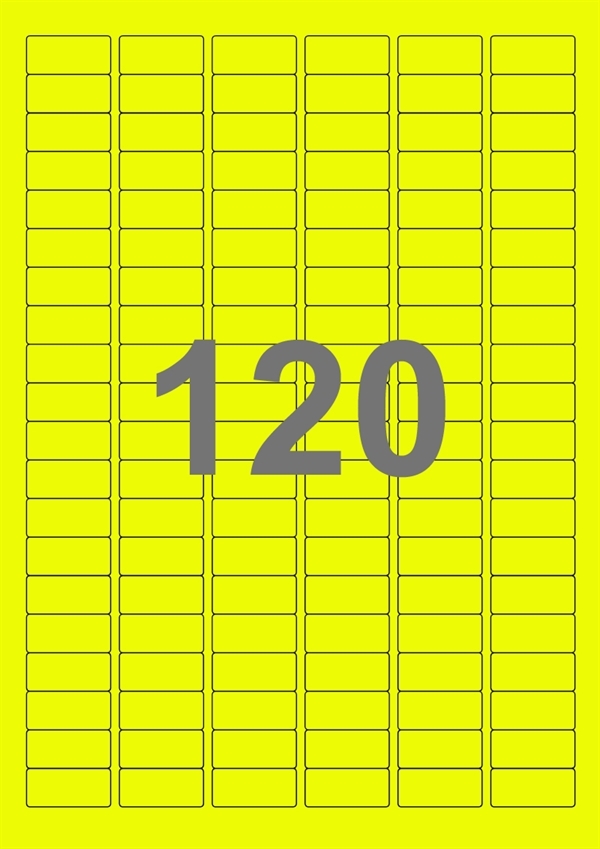 A4-etiketter, 120 stansade etiketter/ark, 30,0 x 14,0 mm, gul neon, 100 ark