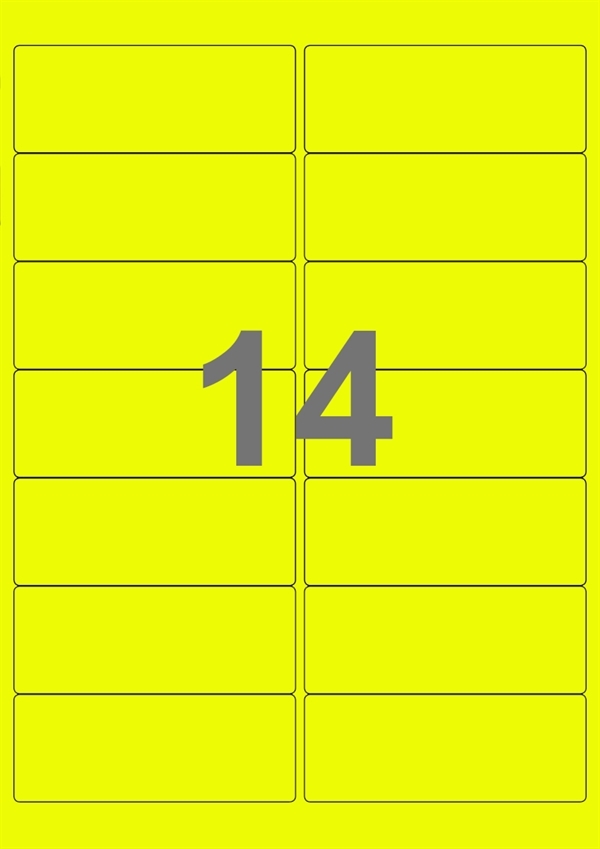 A4-etiketter, 14 stansade etiketter/ark, 99,1 x 38,1 mm, gul neon, 100 ark