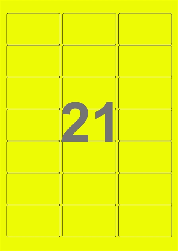 A4-etiketter, 21 stansade etiketter/ark, 63,5 x 38,1 mm, gul neon, 100 ark